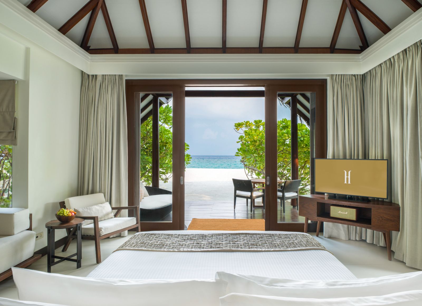 Beach villa view at Heritance Aarah resort in the Maldives