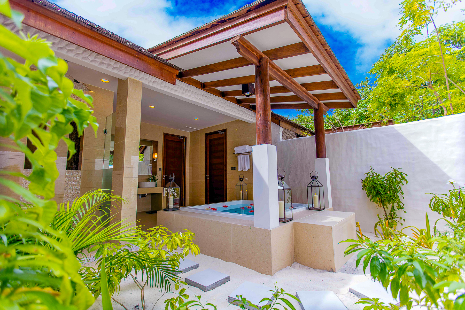 Exterior view of a Deluxe Sunset Beach Villa at the Hideaway Beach Resort & Spa in the Maldives