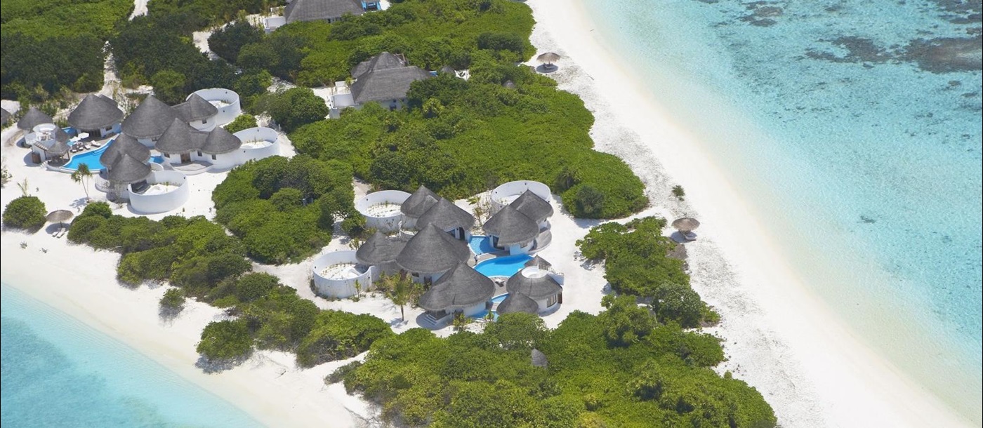 Aerial shot of two villas at Hideaway Resort, Maldives
