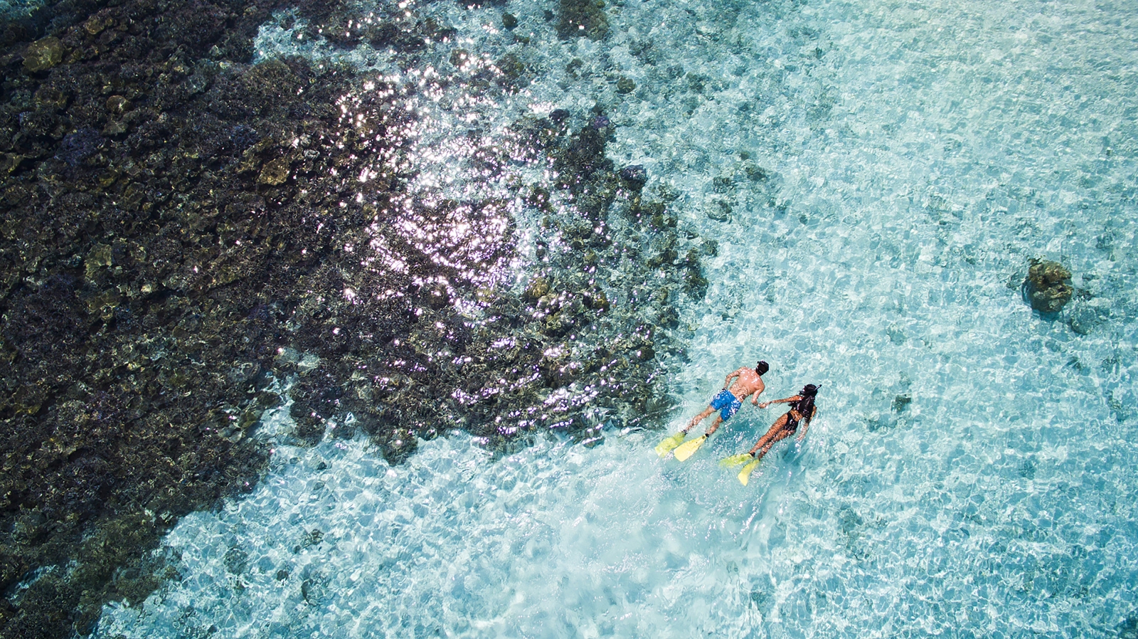 Couple snorkelling at luxury resort Huvafen Fushi in the Maldives