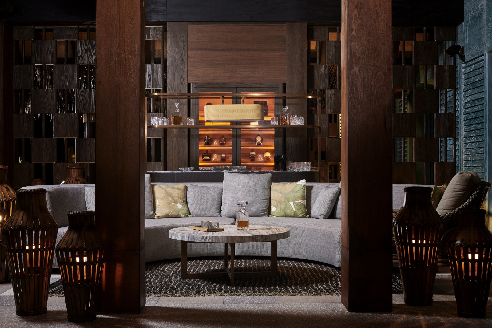 Comfortable couch at Mura, Whiskey and Cigar Lounge at luxury resort Joali in the Maldives