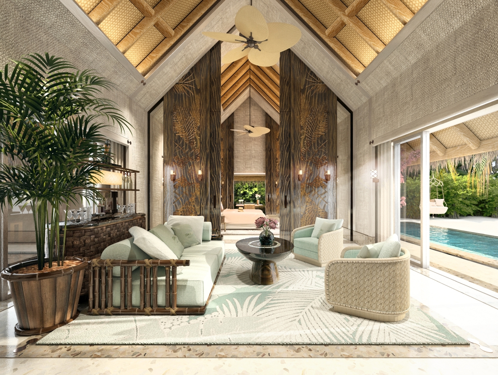 Spacious living room in the Luxury beach villa with big windows and high ceilings