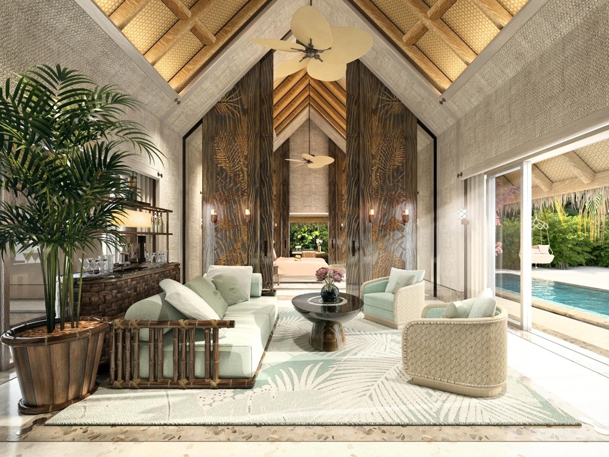 Spacious living room in the Luxury beach villa with big windows and high ceilings