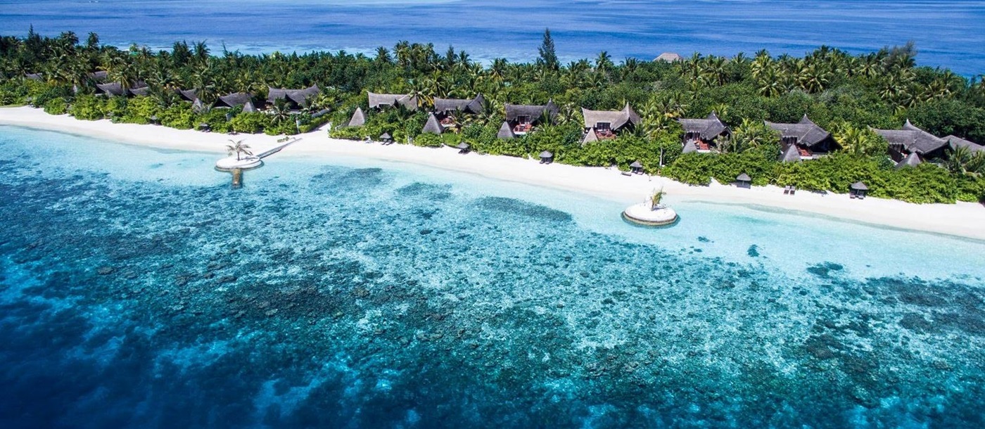 Aerial picture of the beach suites at Jumeirah Vittaveli, Maldives