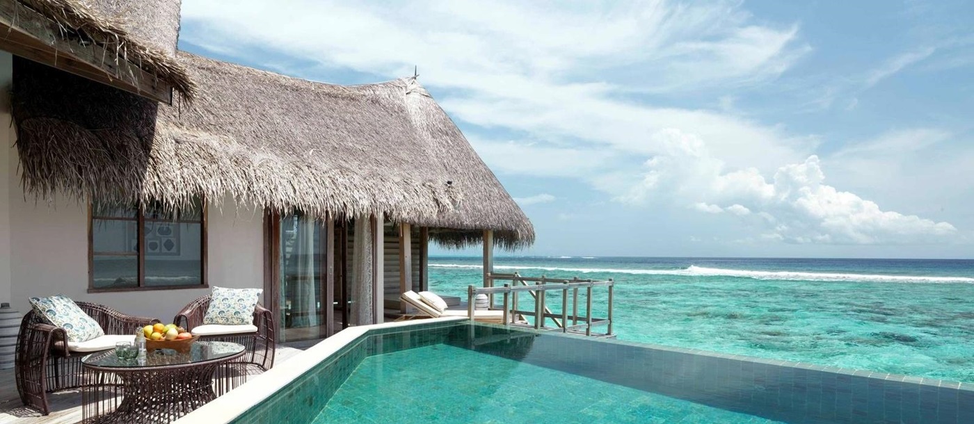 The swimming pool of a water pool villa at Jumeirah Vittaveli, Maldives