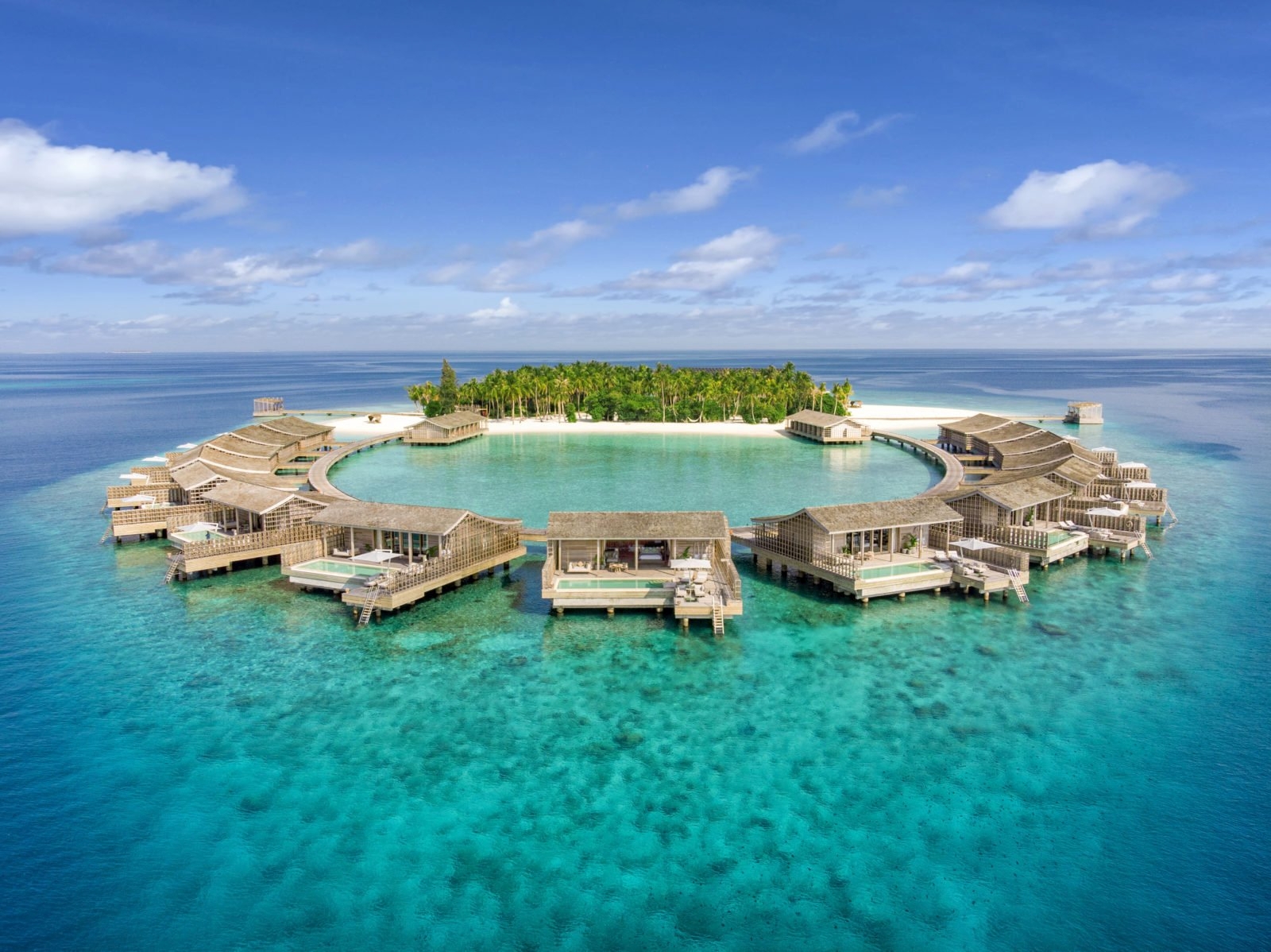 Aerial view over the Residences at luxury resort Kudadoo Private Island in the Maldives