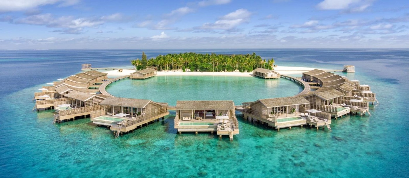 Aerial view over the Residences at luxury resort Kudadoo Private Island in the Maldives