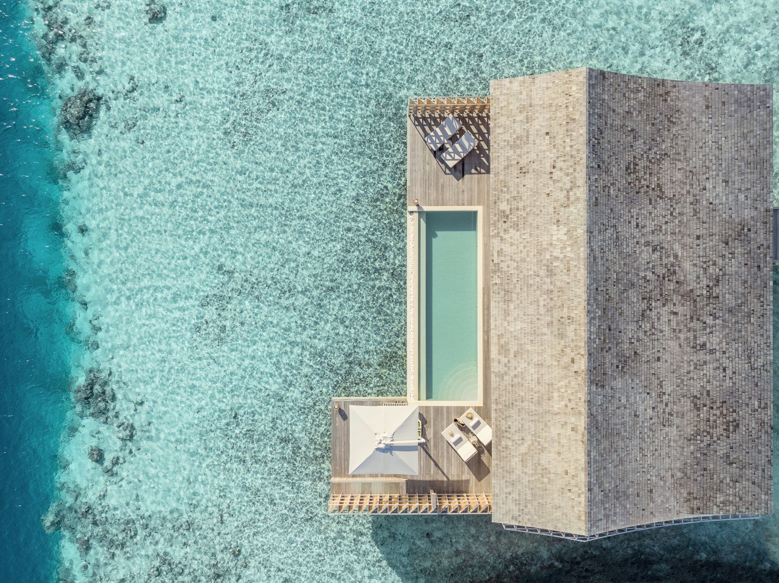 Aerial view of the two bedroom villa and ocean facing pool at Kudadoo Maldives Private Island