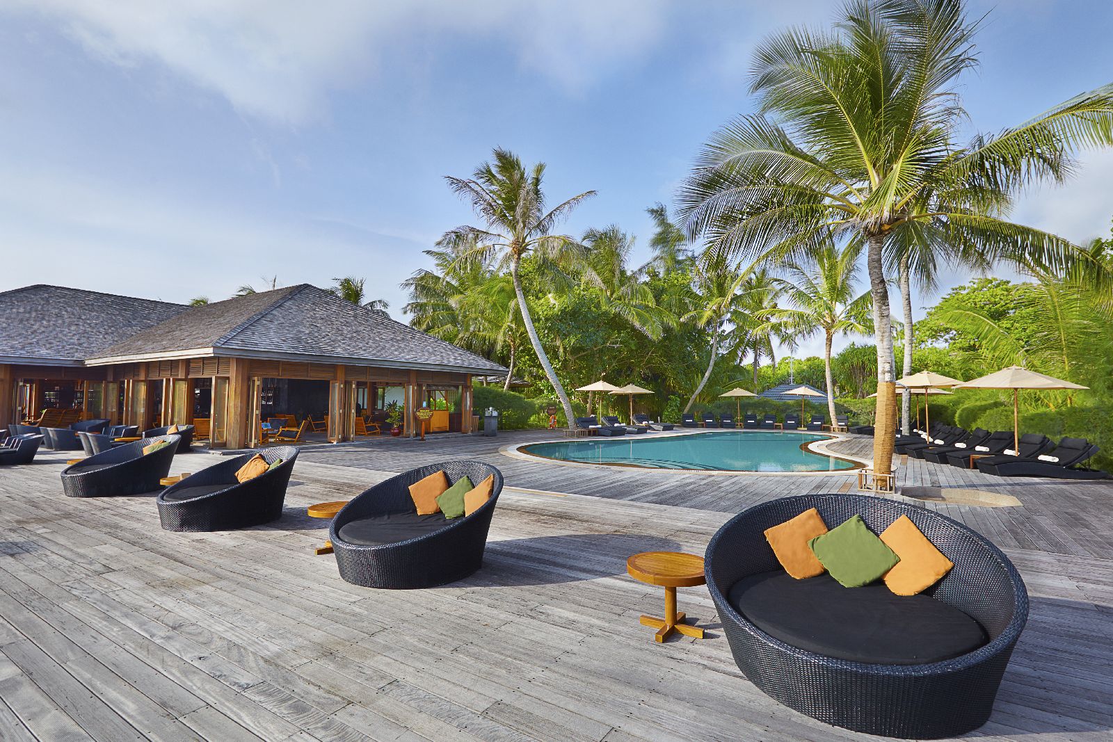 Pool and terrace at Kuredu Resort and Spa Maldives