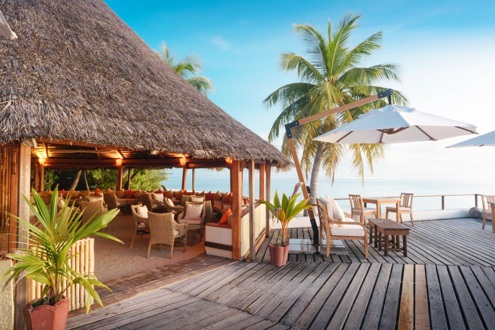 Restaurant deck at Mukunudu Island resort in the Maldives