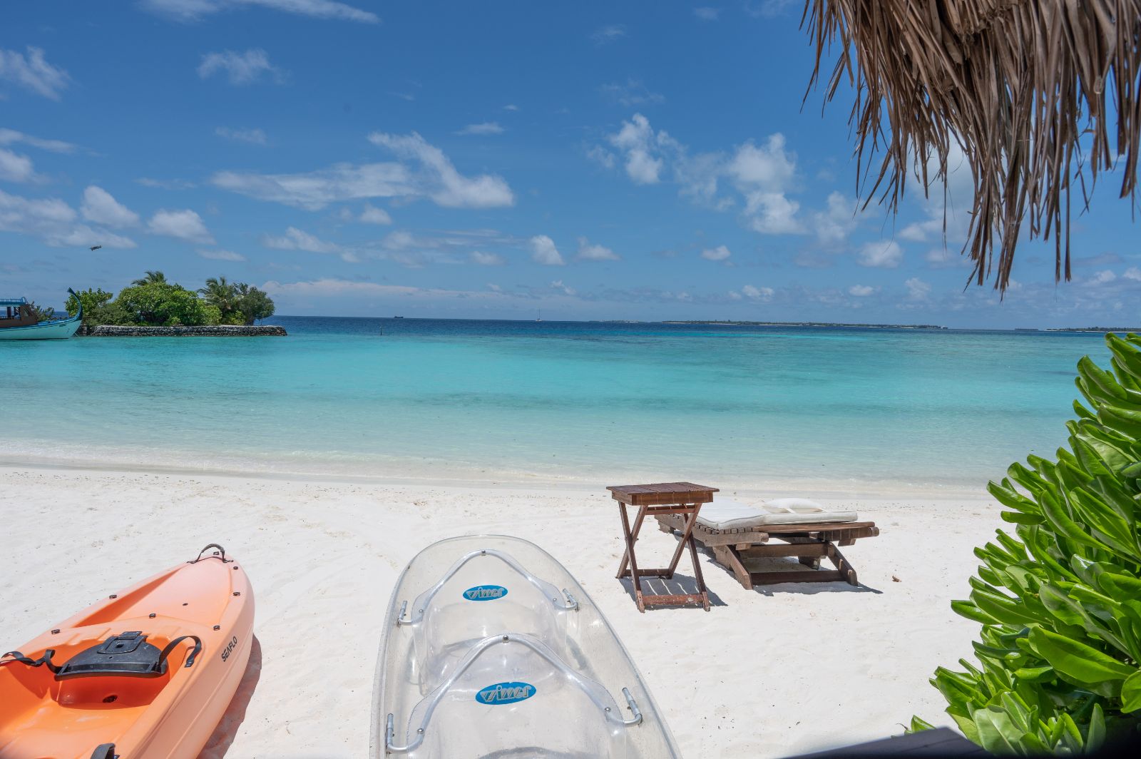 Watersports equipment on the beach at Makunudu Island resort in the Maldives