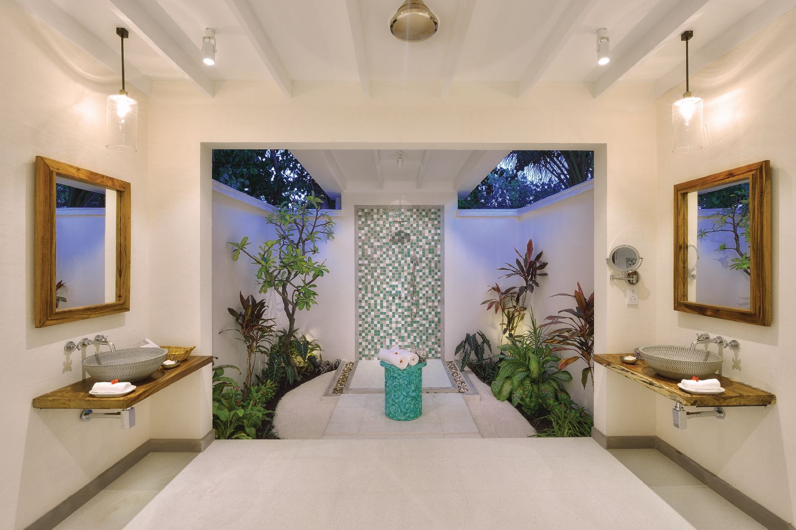 Bathroom of deluxe beach villa at Oblu By Atmosphere at Helengeli Maldives