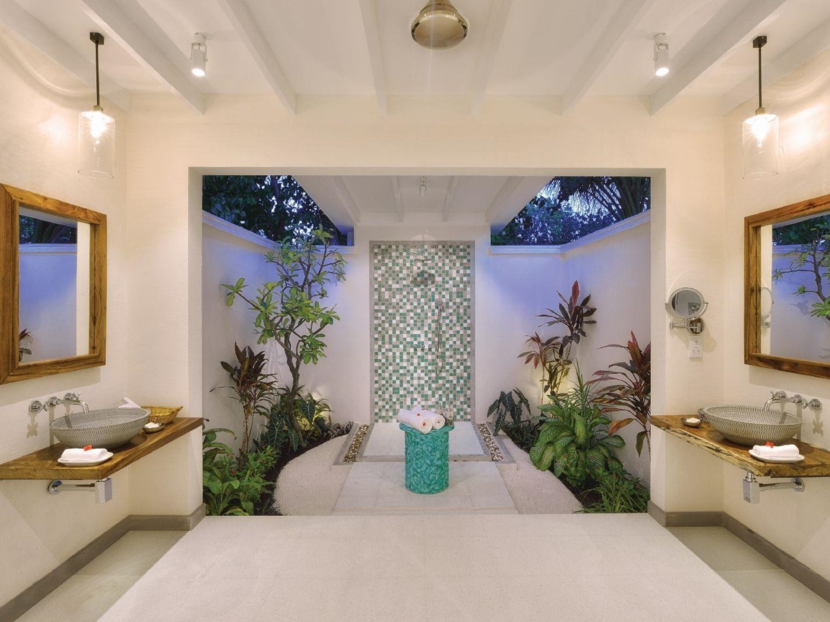 Bathroom of deluxe beach villa at Oblu By Atmosphere at Helengeli Maldives