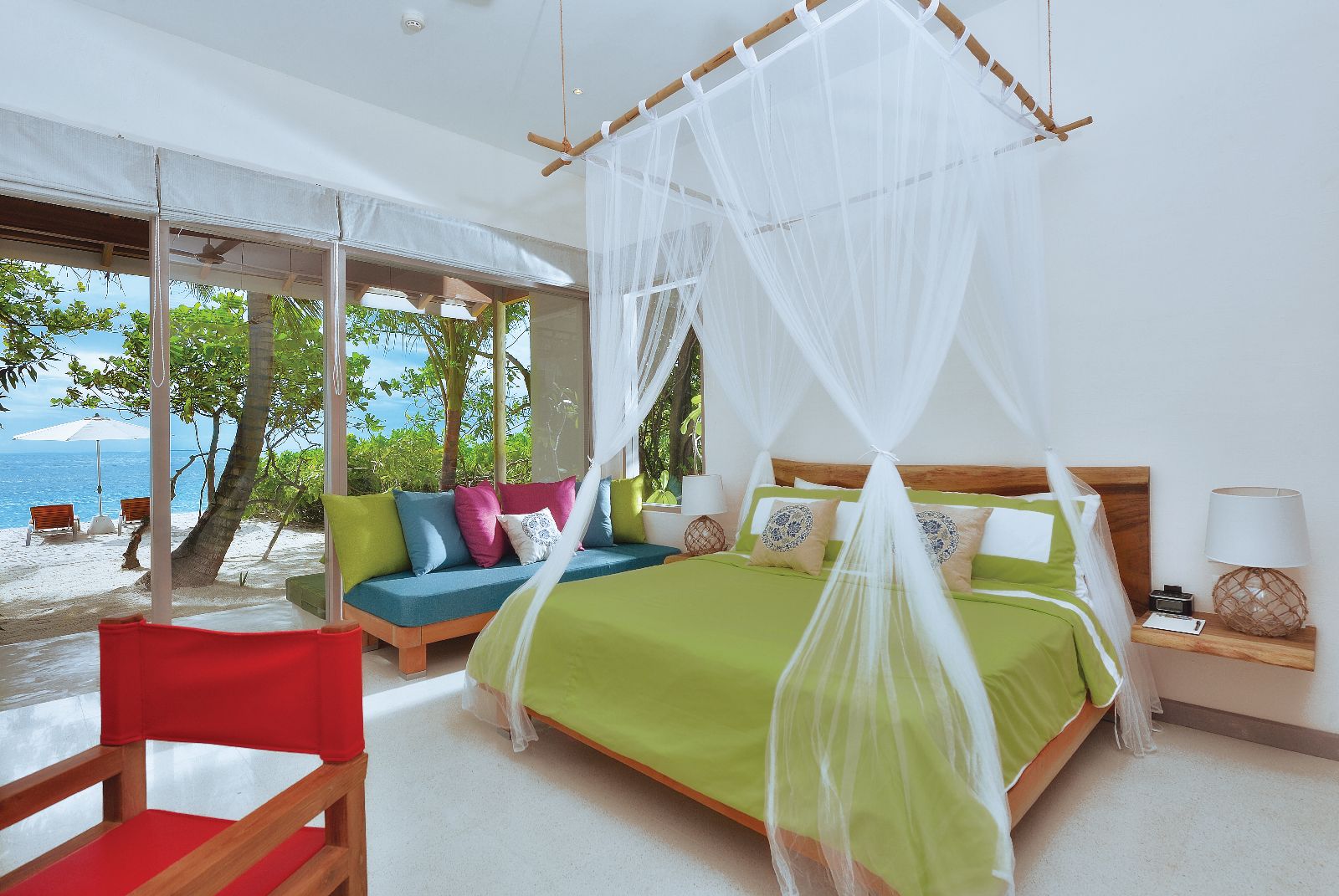 Interior of deluxe beach villa at Oblu By Atmosphere at Helengeli Maldives