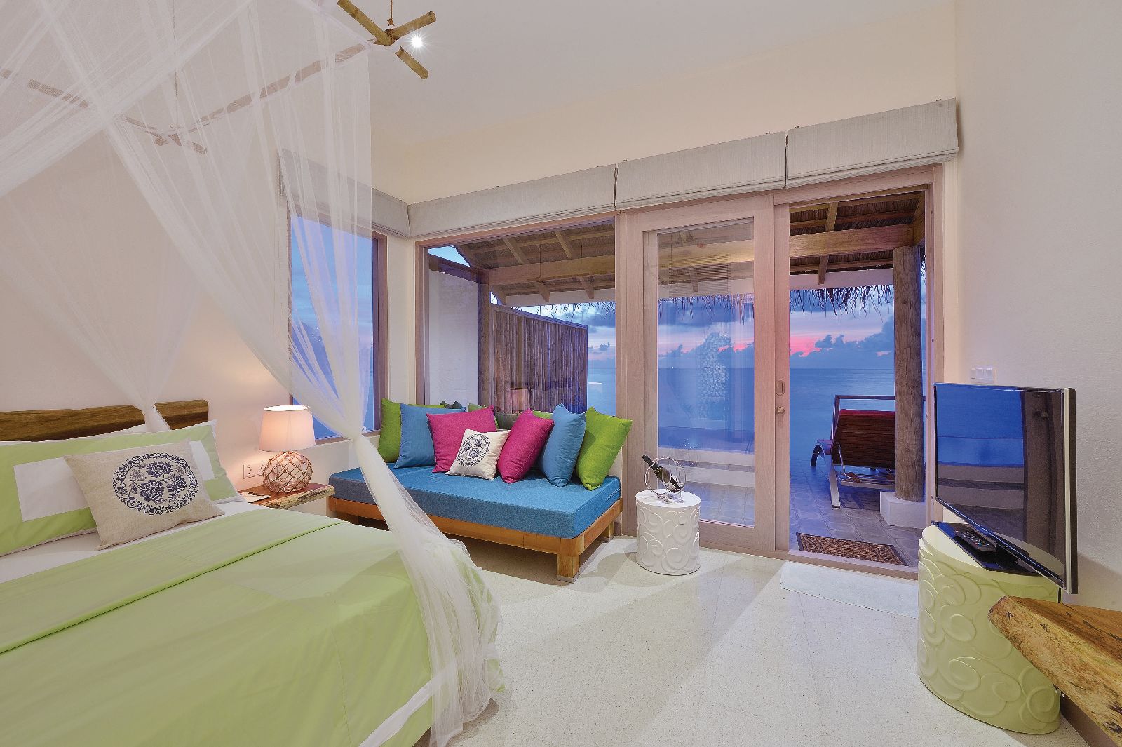 Interior of water villa at Oblu By Atmosphere at Helengeli Maldives