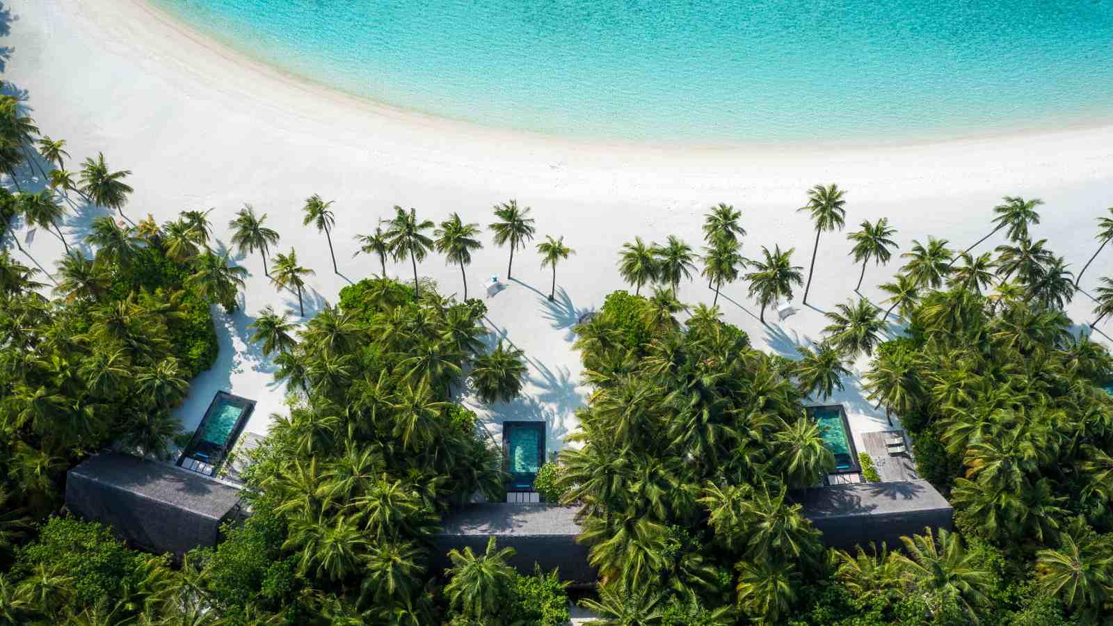 Aerial view of beach villas white sand beach at OneAndOnly Reethi Rah Maldives