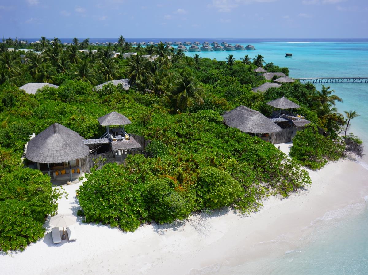 Aerial shot of Beach villas at Six Senses Laamu Maldives
