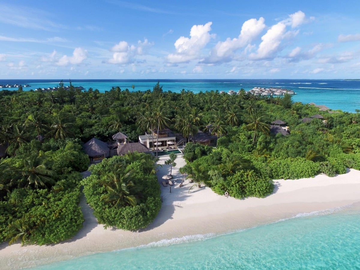 Aerial view of a Two Bedroom Ocean Beach Villa at luxury resort Six Senses Laamu in the Maldives