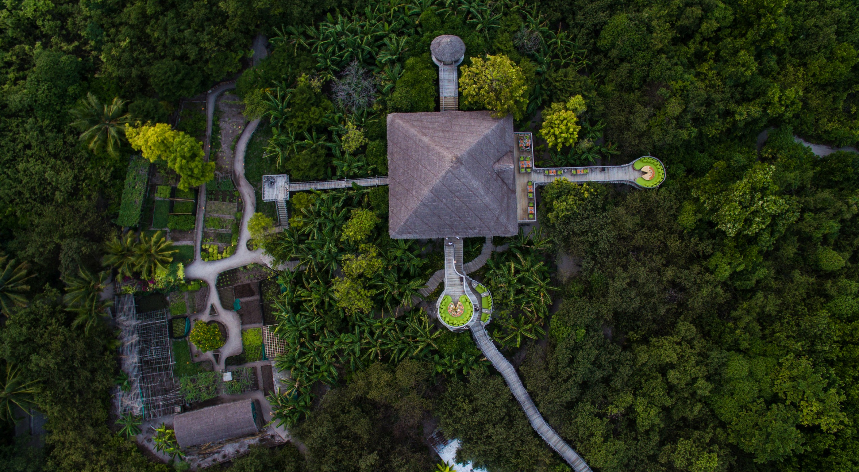 Aerial shot of the garden of Soneva Fushi, Maldives
