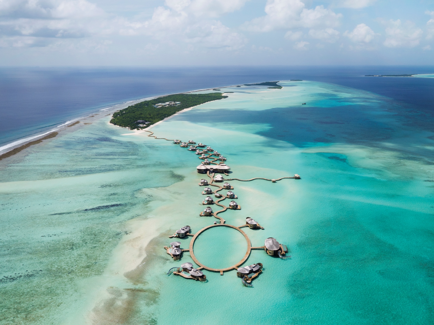 Aerial of the island of Soneva Jani, Maldives