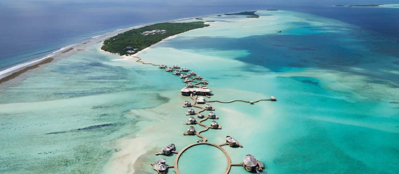 Aerial of the island of Soneva Jani, Maldives