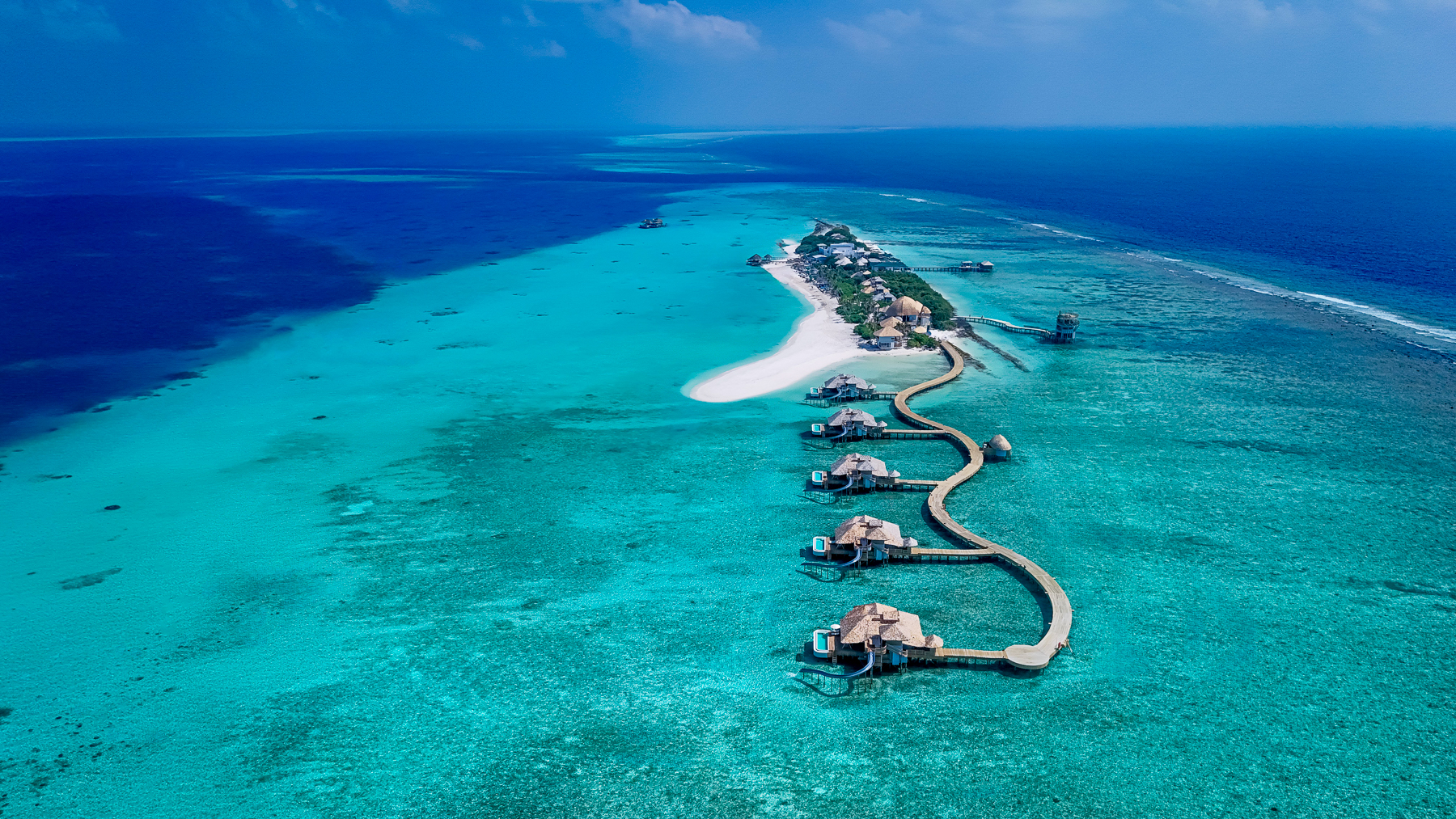 Aerial view of the overwater villas at Soneva Secret 2024 in the Maldives