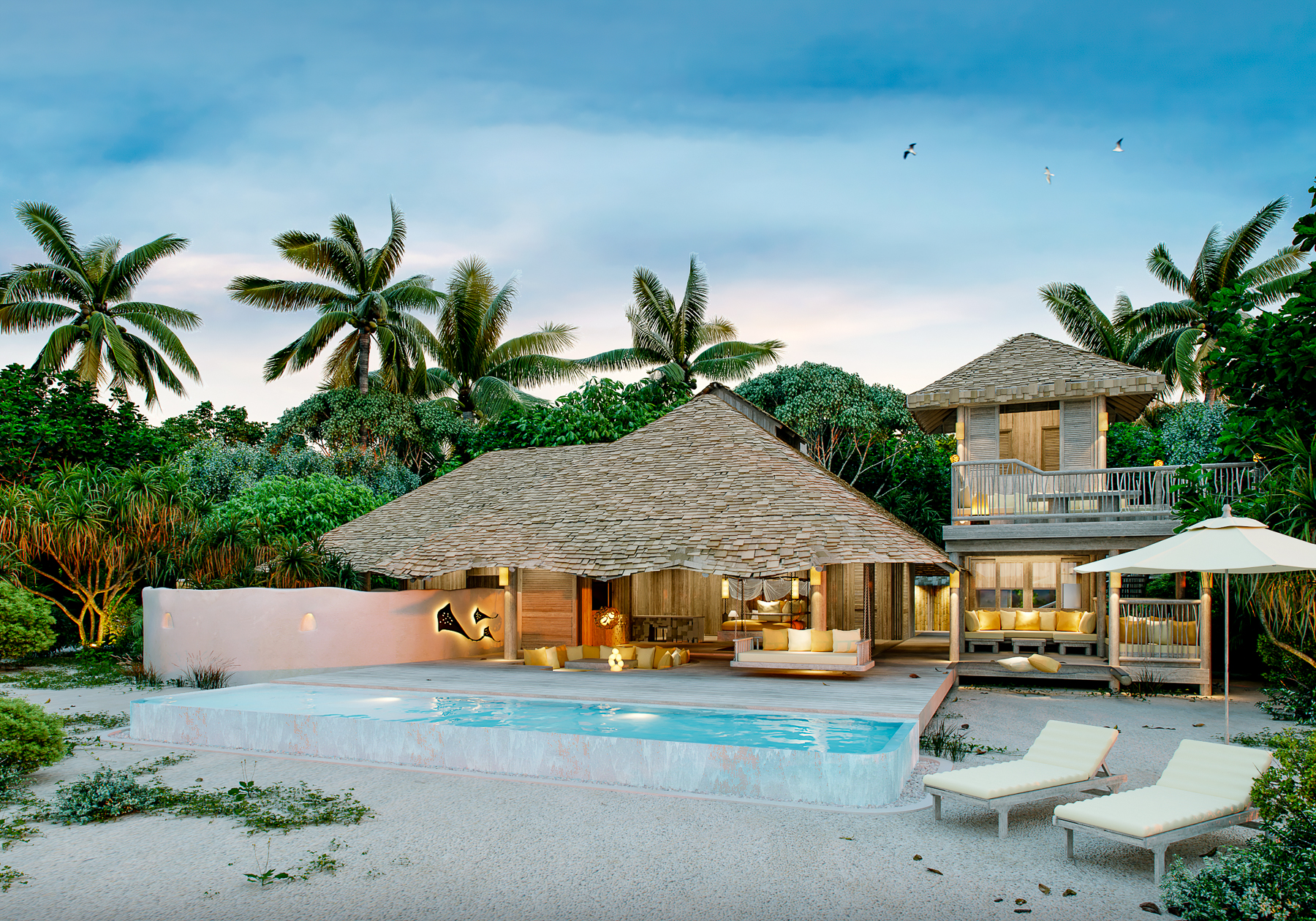 Exterior view of a Beach Hideaway Villa at Soneva Secret 2024 in the Maldives