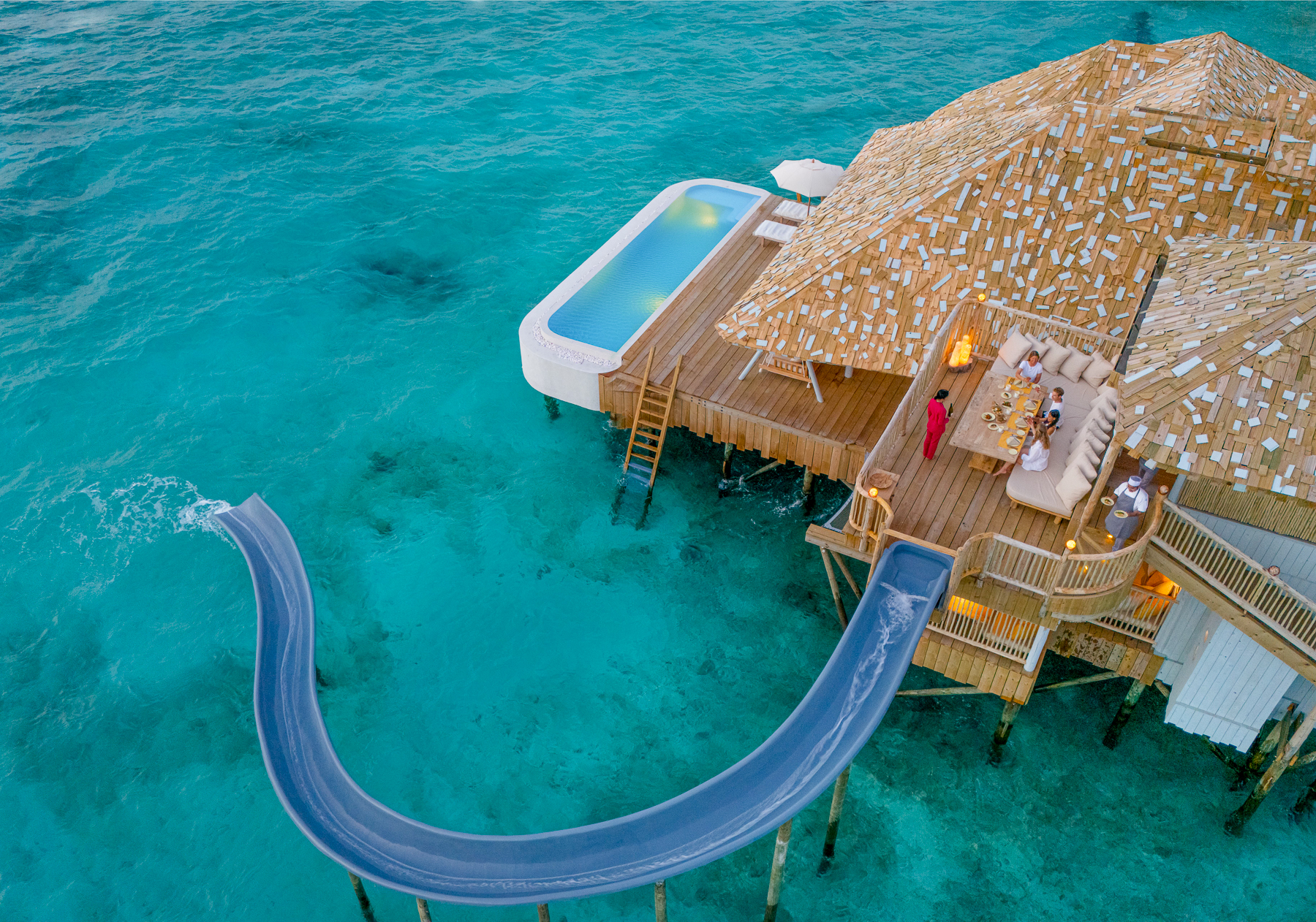 Aerial view of an Overwater Hideaway at Soneva Secret 2024 in the Maldives