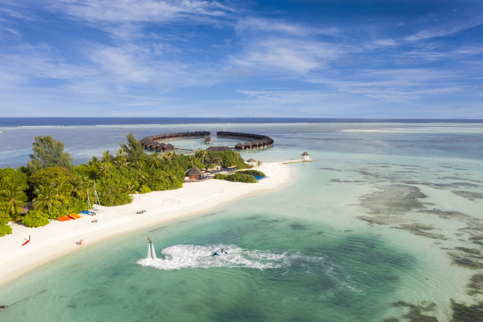 Aerial view of luxury resort Sun Siyam Olhuveli in the Maldives