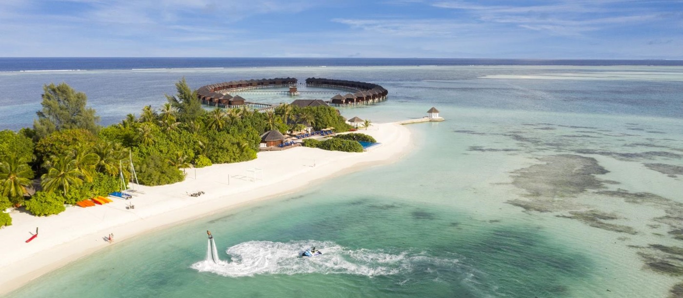 Aerial view of luxury resort Sun Siyam Olhuveli in the Maldives