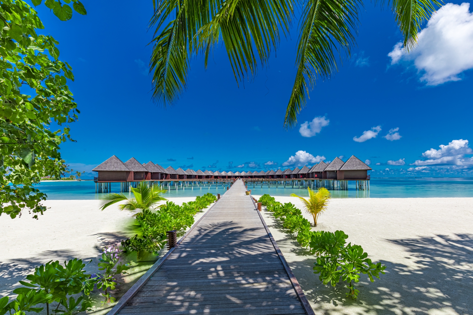 View of a Water Villa jetty at luxury resort Sun Siyam Olhuveli in the Maldives