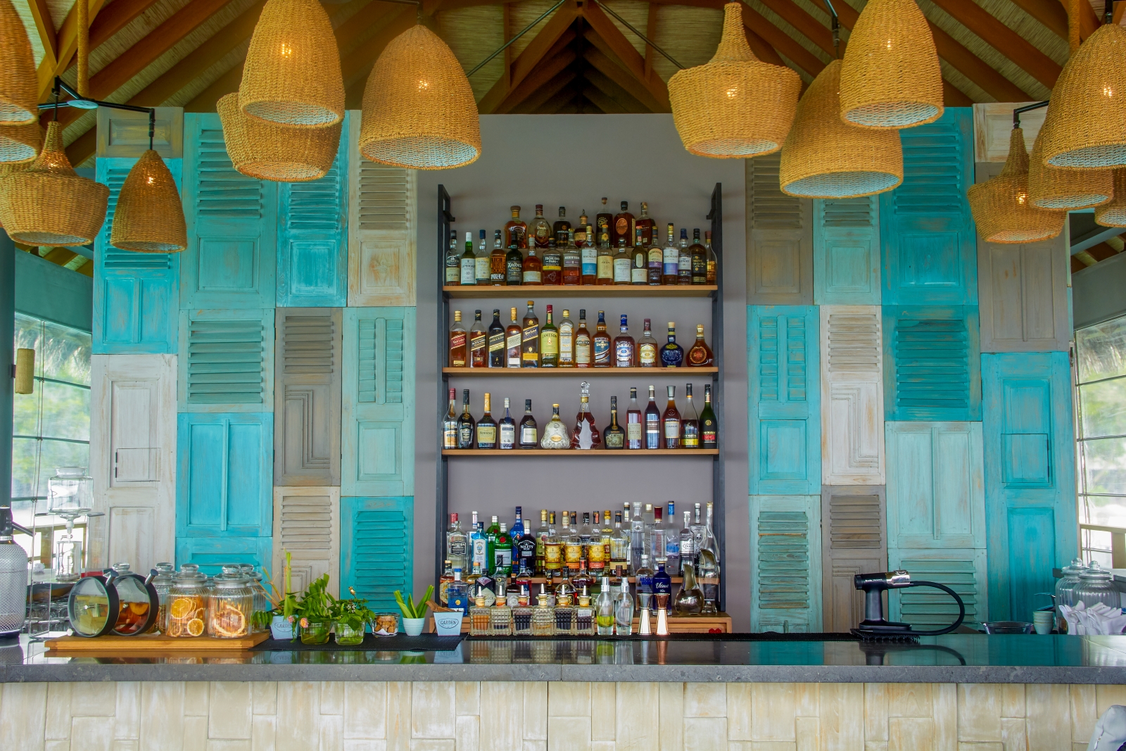 Colourful bar of the Lagoon Bar at luxury resort Vakkaru in the Maldives