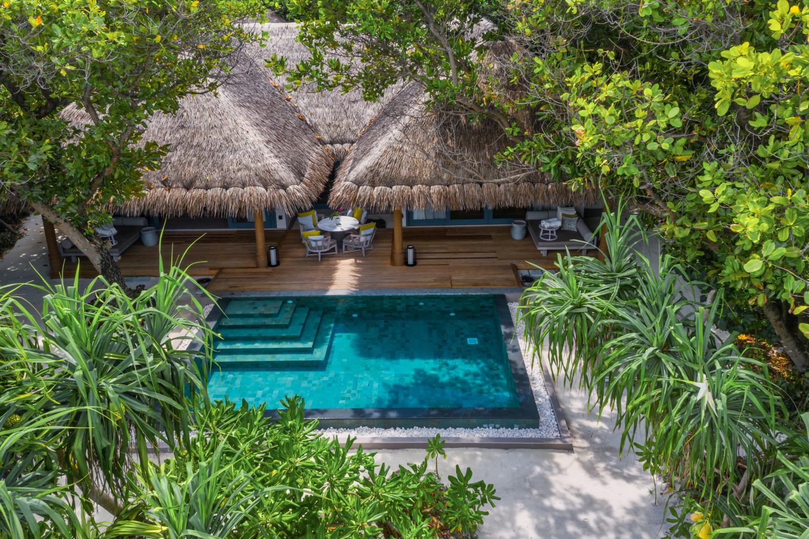 Aerial view of a two-bedroom beach pool residence at luxury resort Vakkaru in the Maldives