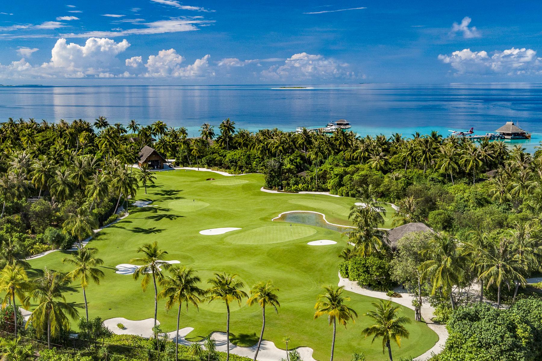 Aerial view of the golf course at Vella Private Island in the Maldives