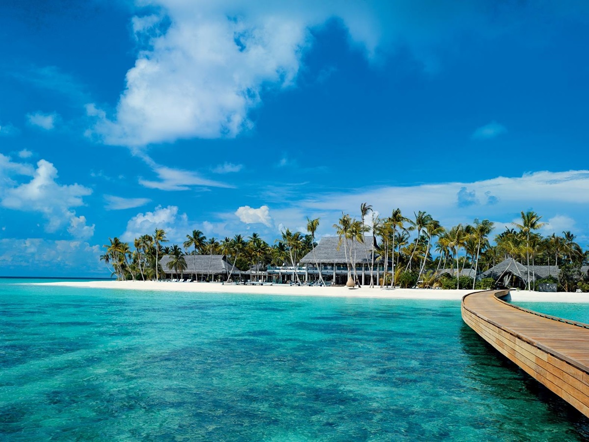 View of on Velaa Private Island in the Maldives including jetty and beach