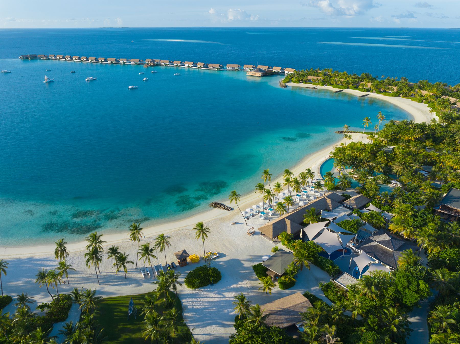 Aerial view of the beachfront at Waldorf Astoria Maldives Ithaafushi