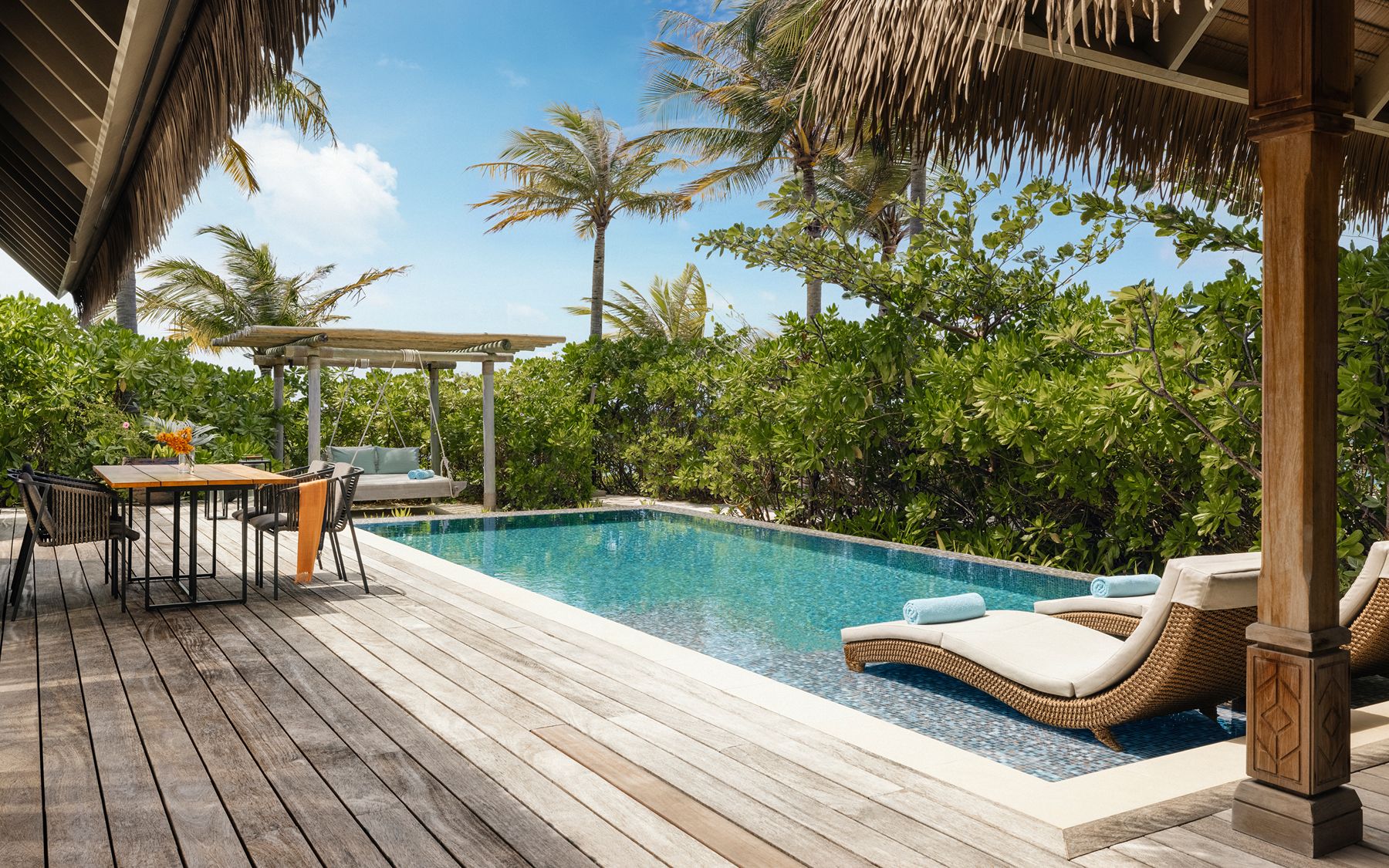 Beach villa swimming pool at Waldorf Astoria Maldives Ithaafushi