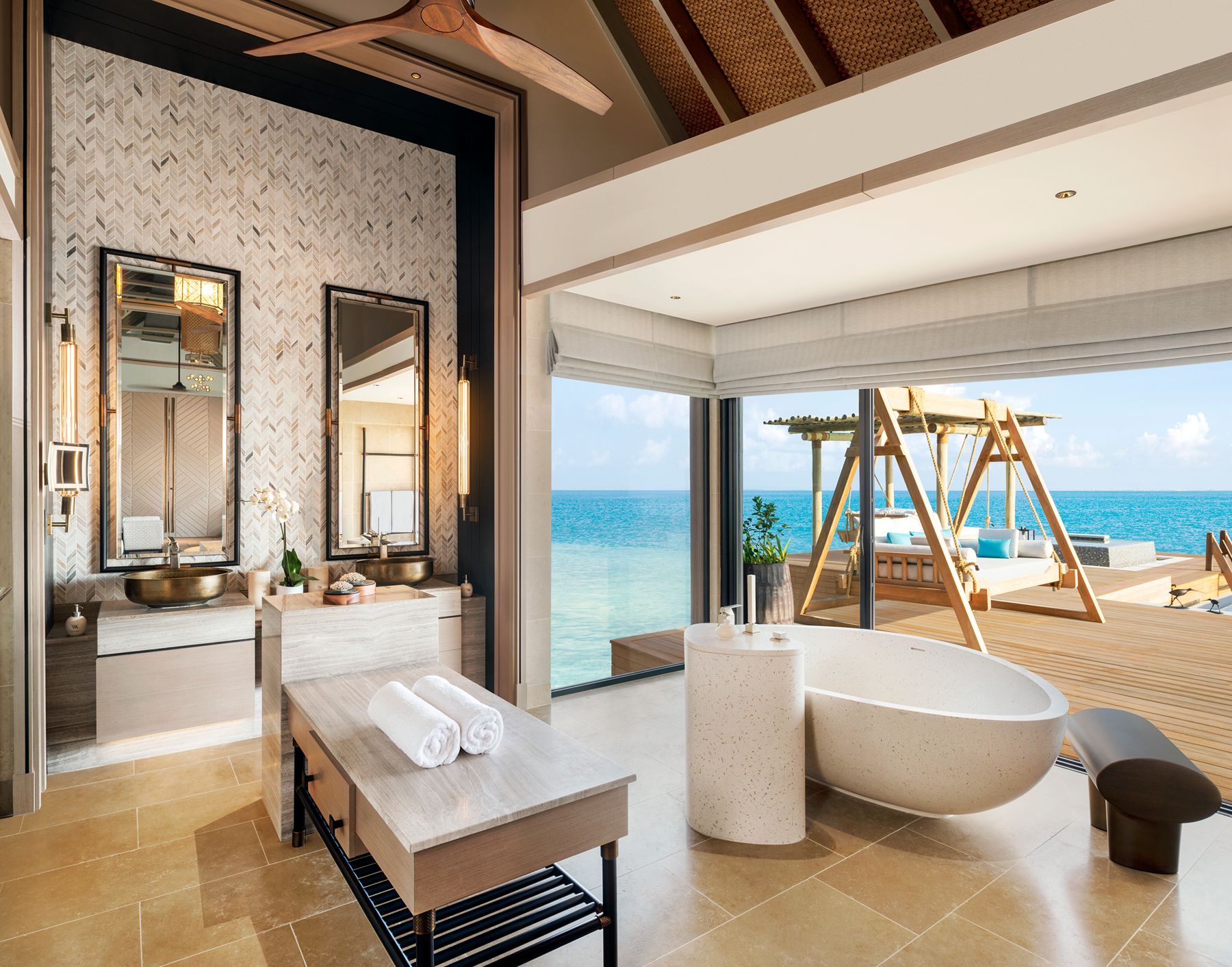 Reef villa bathroom at Waldorf Astoria Maldives Ithaafushi