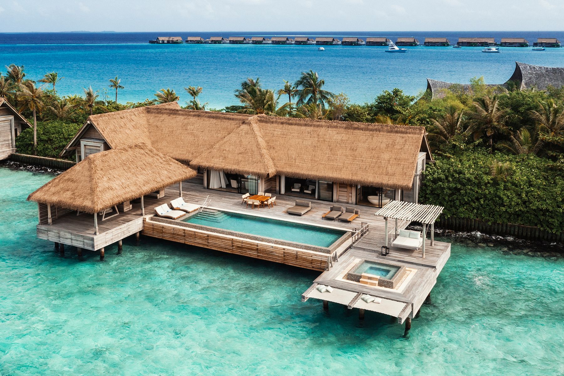 Exterior view of a reef villa at Waldorf Astoria Maldives Ithaafushi