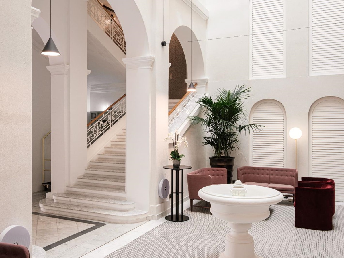 Light filled lobby and lounge at the Rosselli AX Privilege Hotel in Valletta Malta
