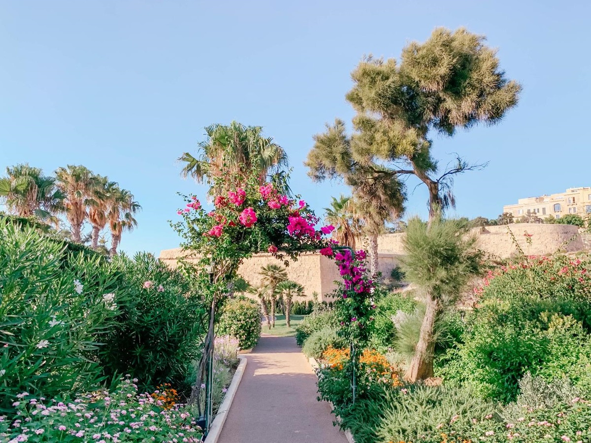 Flower filled gardens of The Phoenica Malta hotel in Valletta