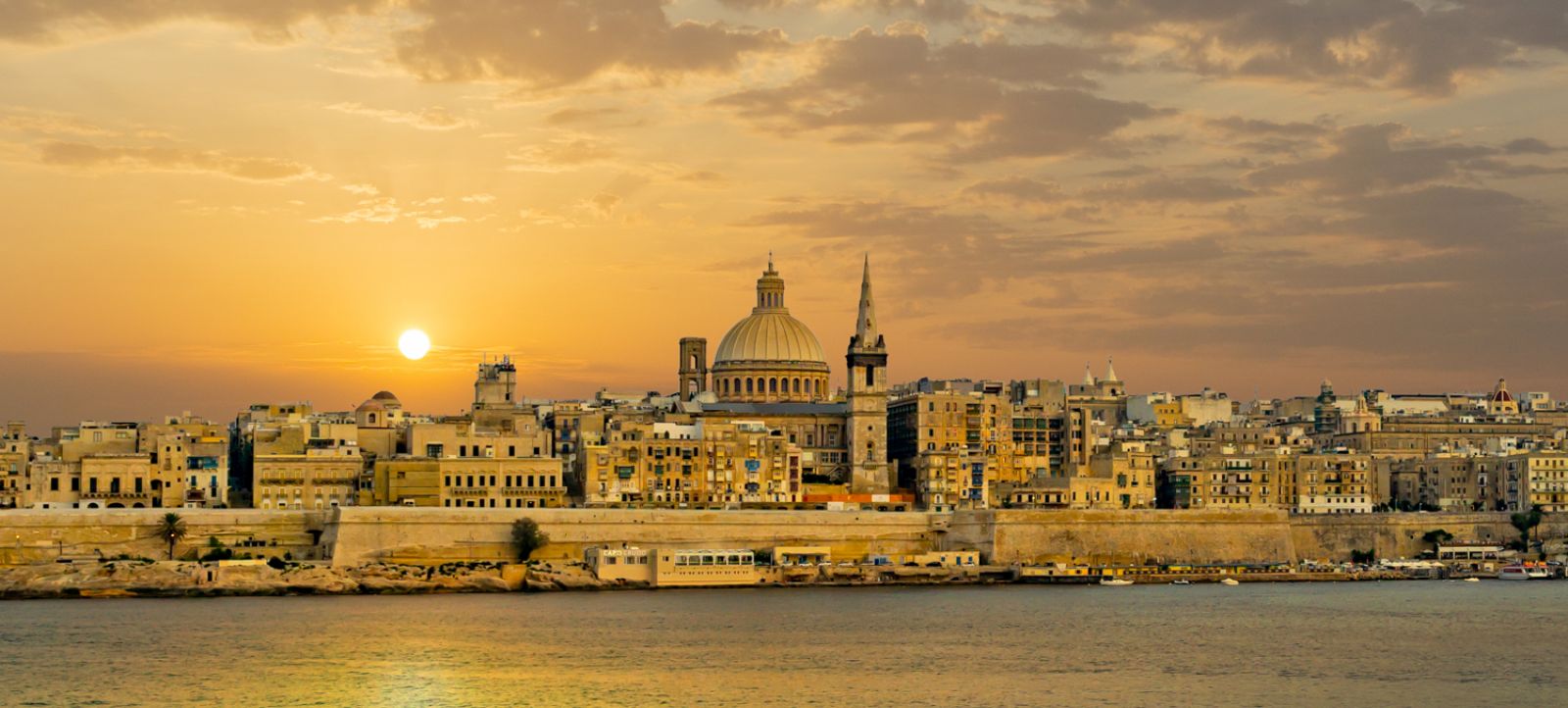 The Valletta skyline at sunset in Malta