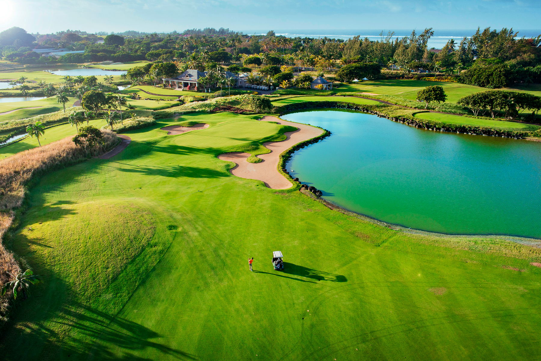 Aerial view of the golf course at Heritage Le Telfair in Mauritius