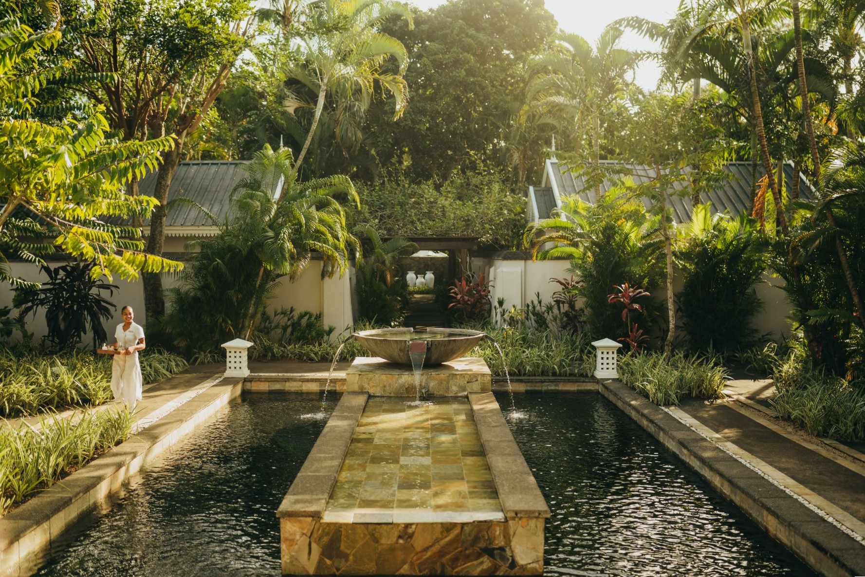 Fountains outside the spa at Heritage Le Telfair Golf & Wellness Resort in Mauritius