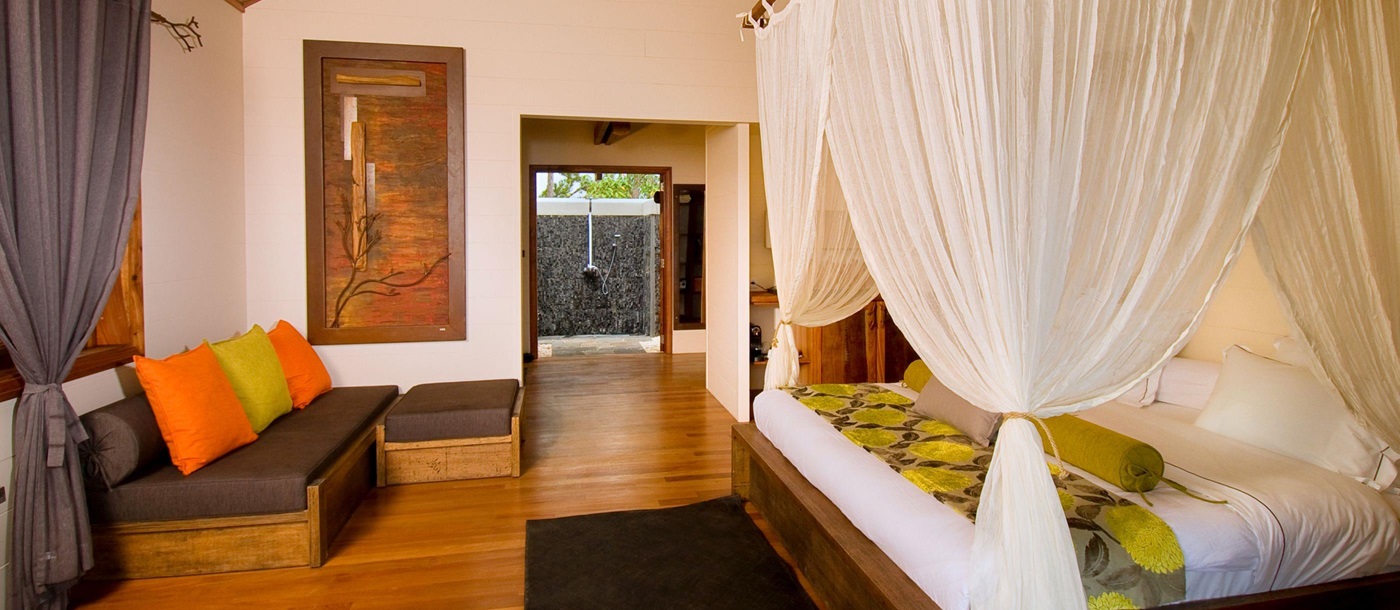 Bedroom of a suite at Lakaz Chamarel, Mauritius