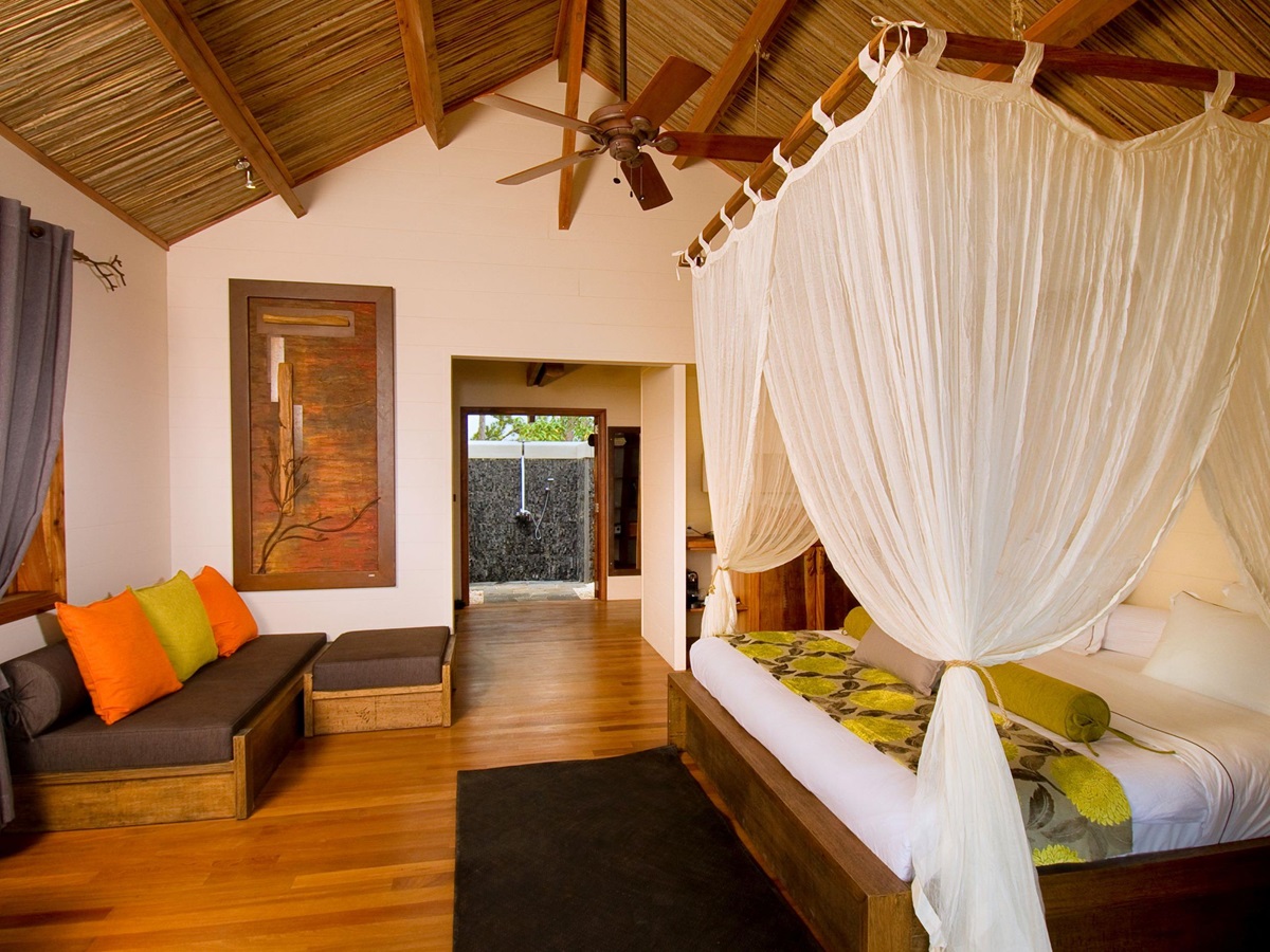 Bedroom of a suite at Lakaz Chamarel, Mauritius