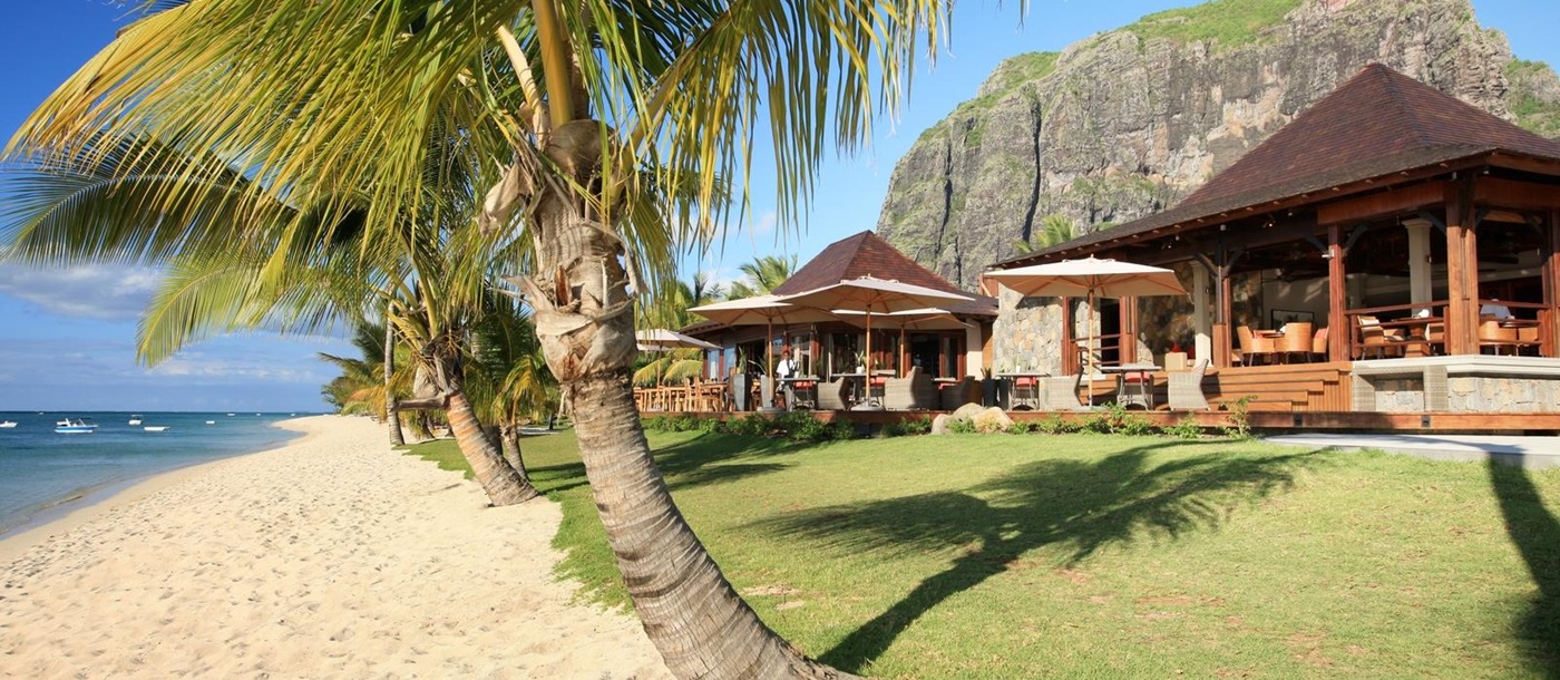 Beach and facade of villas of LUX* le Morne, Mauritius