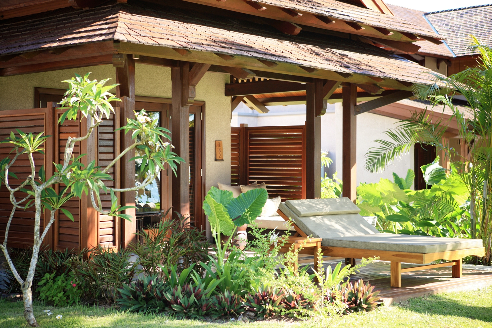 terrace with sunbeds in LUX* le Morne, Mauritius
