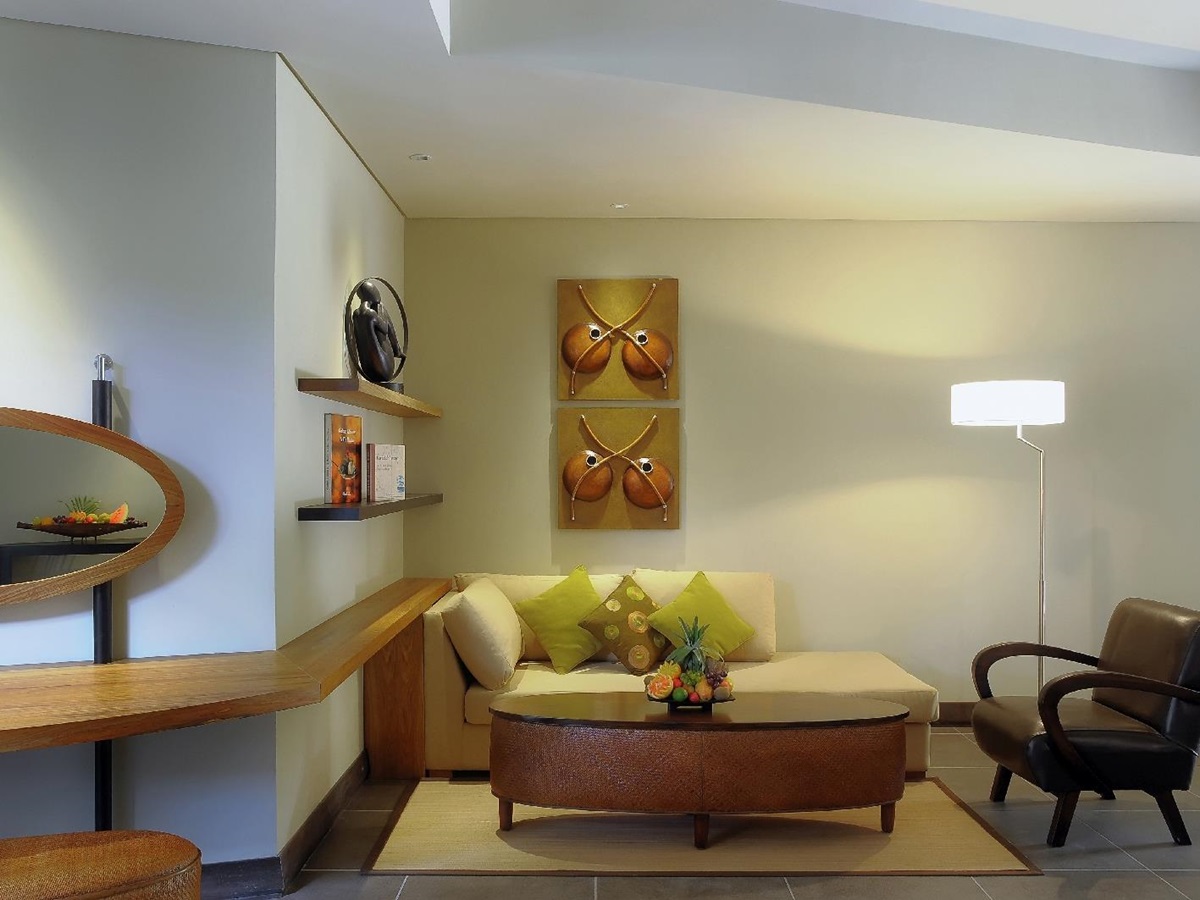 living room of a beachfront suite at Royal Palm, Mauritius