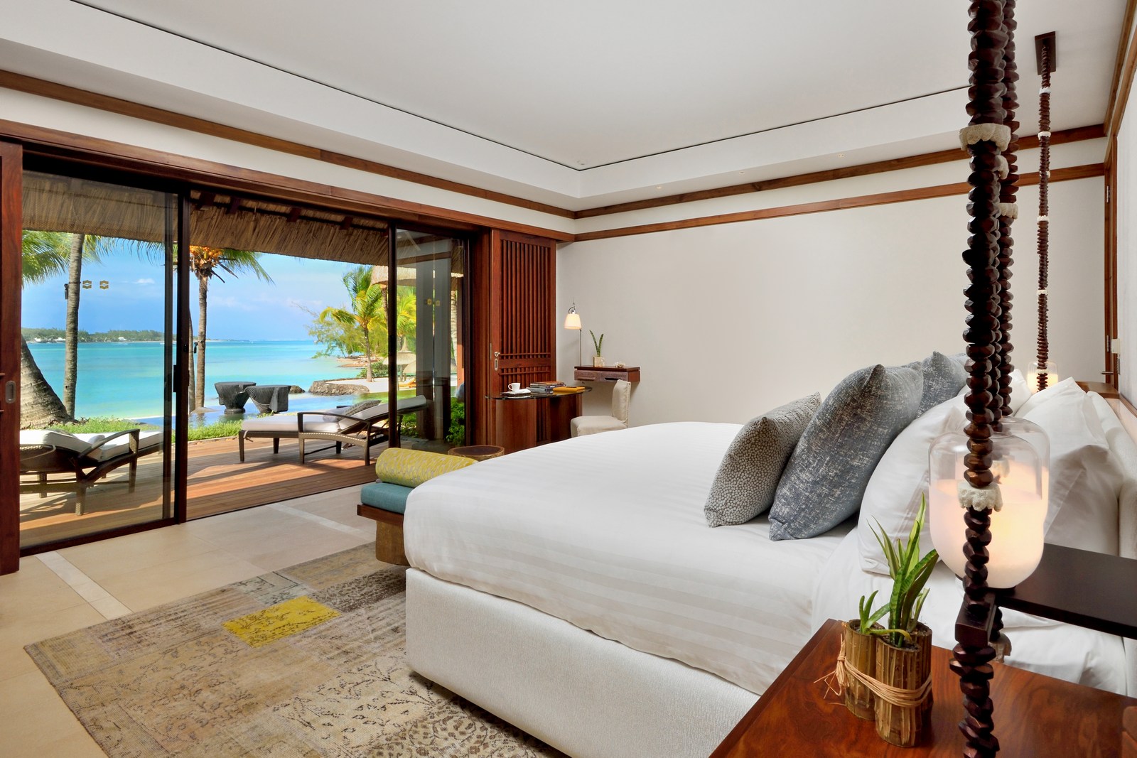 Double bedroom of a beach villa at Shangri La Le Touessrok, Mauritius
